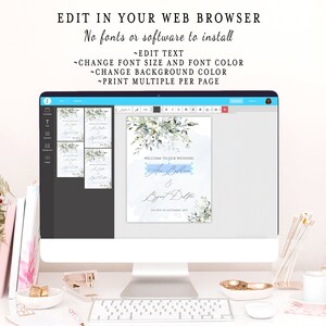 May include: A computer screen displaying a wedding invitation template with a watercolor background featuring green leaves and a light blue background. The text on the invitation reads "Welcome to our wedding" followed by the names "An & Bryant Delfin" and the date "The 12th of September, 2019". The screen shows a user interface with tools to edit the text, font size, font color, background color, and print multiple invitations per page.