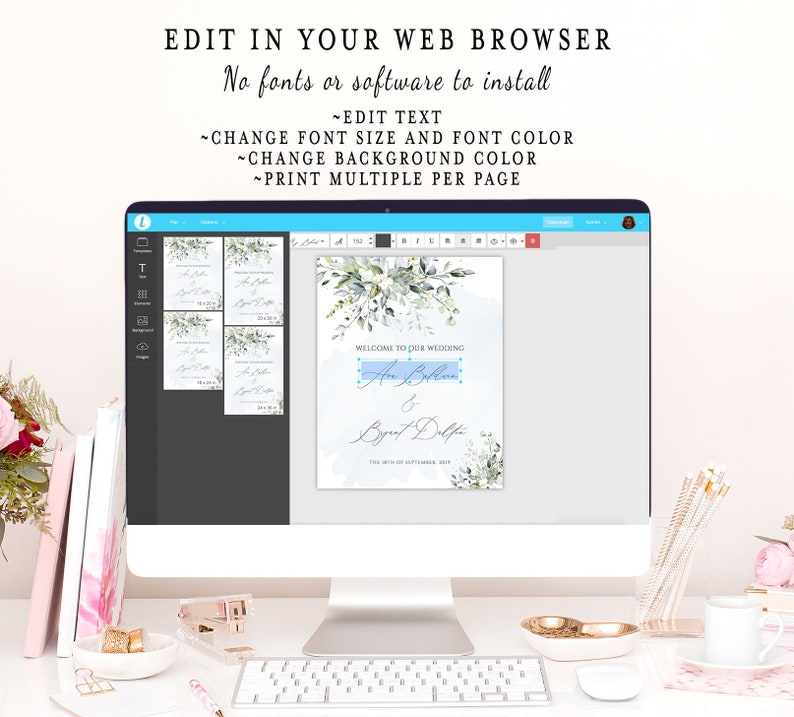 May include: A computer screen displaying a wedding invitation template with a watercolor background featuring green leaves and a light blue background. The text on the invitation reads "Welcome to our wedding" followed by the names "An & Bryant Delfin" and the date "The 12th of September, 2019". The screen shows a user interface with tools to edit the text, font size, font color, background color, and print multiple invitations per page.