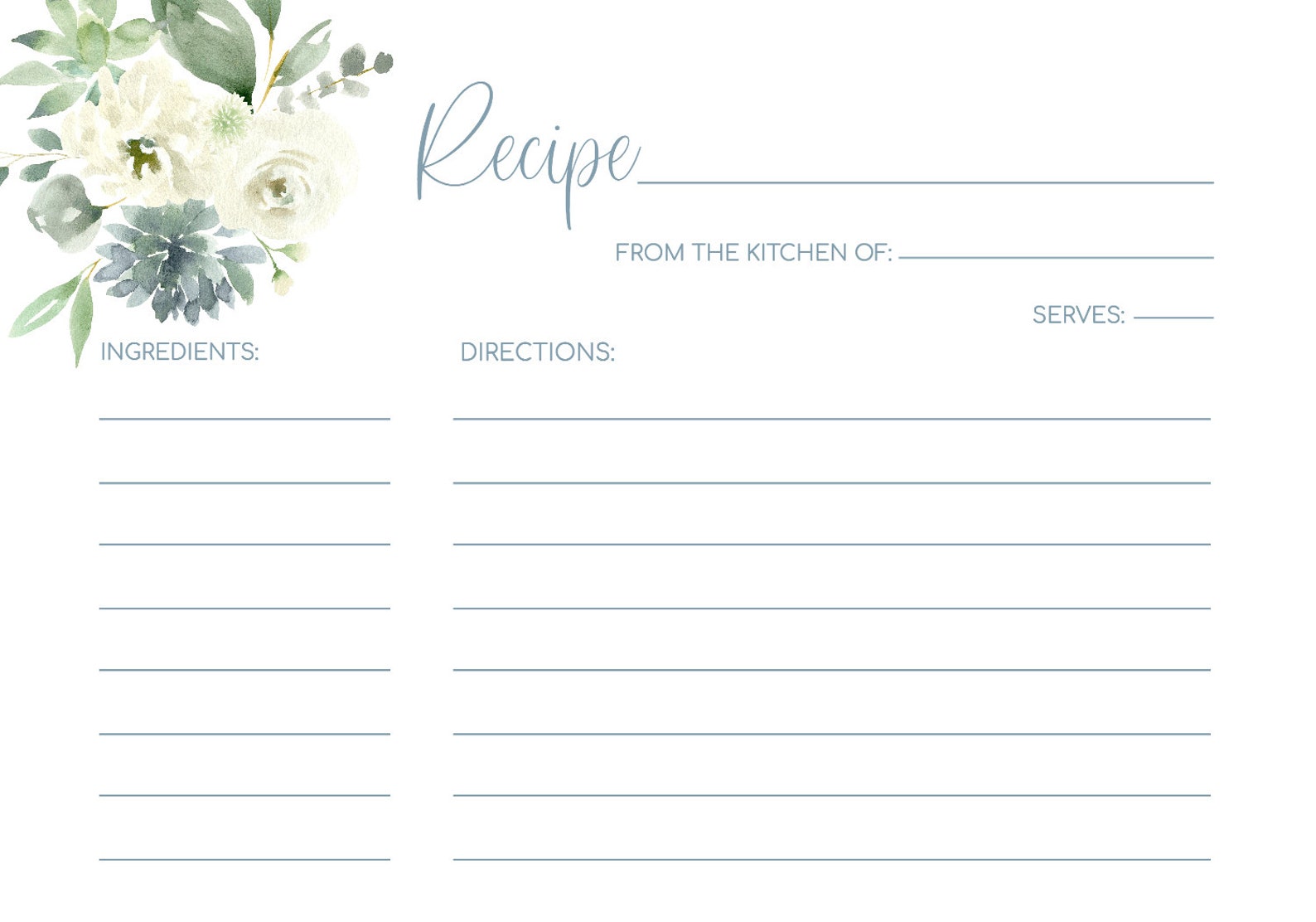 Bridal Shower Recipe Card Template Printable Dusty Blue Etsy