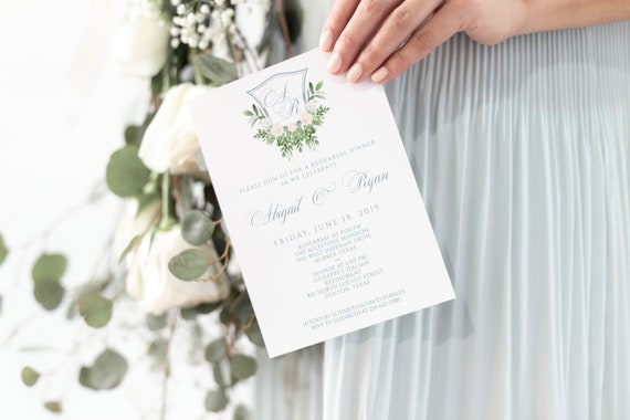 PRINTABLE Wedding Rehearsal Dinner Invitation Template, Dusty Blue Monogram Rehearsal Dinner Invitation Printable, Greenery Rehearsal Dinner Il_570xn