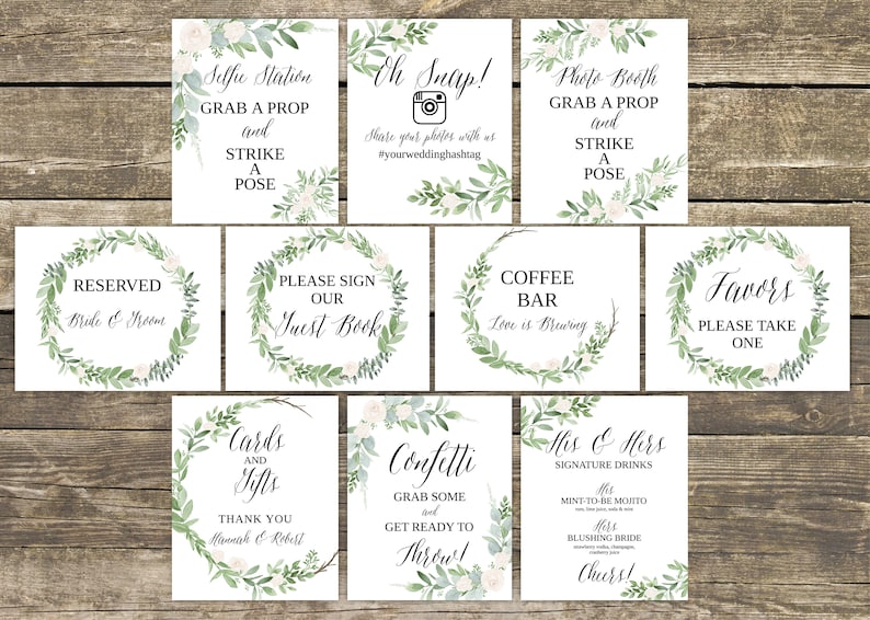 Wedding Signs Template, Wedding Signage, Wedding Signs Printable, Wedding Signs Botanical, Wedding Sign Bundle, 10 Signs 8x10, Greenery Sign image 1