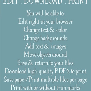 K&ouml;nnte beinhalten: Eine blaue und wei&szlig;e Grafik mit dem Text "Magnolia Papers" oben. Der Text "EDIT. DOWNLOAD. PRINT" befindet sich unter dem Titel. Die Grafik listet die Funktionen eines digitalen Produkts auf, darunter die M&ouml;glichkeit, Text und Farbe zu bearbeiten, Hintergr&uuml;nde zu &auml;ndern, Text und Bilder hinzuzuf&uuml;gen, Objekte zu verschieben, zu speichern und zu den Dateien zur&uuml;ckzukehren, hochwertige PDFs zum Drucken herunterzuladen, Papier zu sparen, mehrere Dateien pro Seite zu drucken, mit oder ohne Beschnittmarken zu drucken und eine Demo vor dem Kauf. Die Grafik gibt auch an, dass keine Schriftarten heruntergeladen und keine Software installiert werden muss.