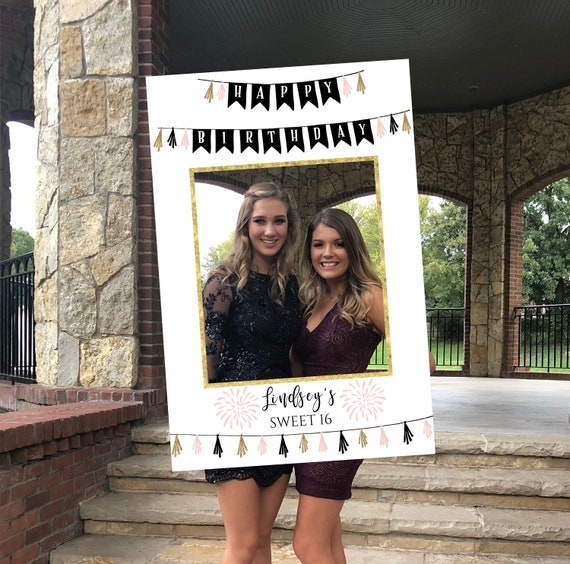 Photo Prop Frame Printable, Happy Birthday Photo Prop Frame Template, Gold Glitter and Pink Photo Prop, Sweet 16 Prop, Name & Age editable Il_570xn