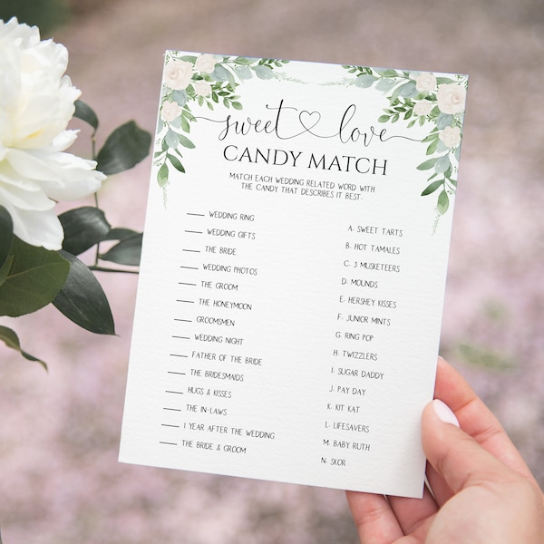 Candy Match Game Bridal Shower Template, Printable Wedding Shower Game, Candy Match Answer Key, Hen Party Shower Game, Instant Download