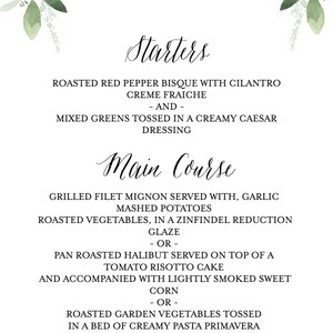 Pode incluir: Um menu de jantar de casamento com uma borda floral. O menu lista op&ccedil;&otilde;es de entradas, pratos principais e sobremesas. A parte inferior do menu diz "Obrigado por celebrar conosco! Blaire & Charles 21 de outubro de 2017".