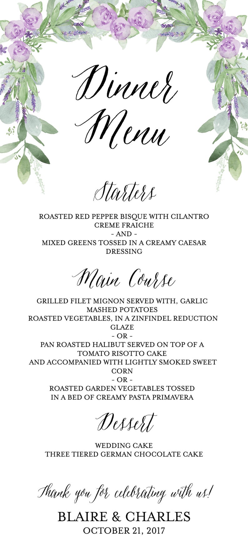 Pode incluir: Um menu de jantar de casamento com uma borda floral. O menu lista op&ccedil;&otilde;es de entradas, pratos principais e sobremesas. A parte inferior do menu diz "Obrigado por celebrar conosco! Blaire & Charles 21 de outubro de 2017".