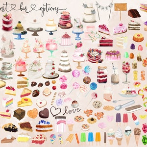 May include: A watercolour illustration of a dessert bar with a variety of options, including cakes, cupcakes, cookies, sweets, ice cream, and lollies. The illustration is in a light pink and brown colour scheme and features the text "dessert bar options".