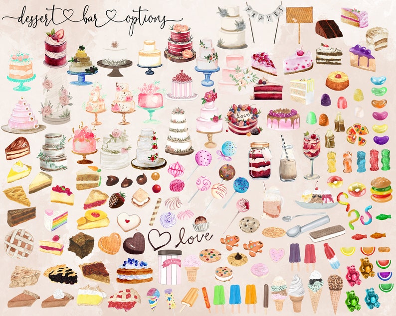 May include: A watercolour illustration of a dessert bar with a variety of options, including cakes, cupcakes, cookies, sweets, ice cream, and lollies. The illustration is in a light pink and brown colour scheme and features the text "dessert bar options".