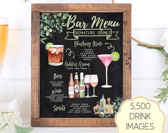 May include: A framed chalkboard sign titled Bar Menu Signature Drinks featuring watercolor illustrations of cocktails, beer, and wine. The text lists drink names and ingredients including Blushing Bride, Golden Groom, Beer, Wine, and Spirits with various bottle and glass graphics.