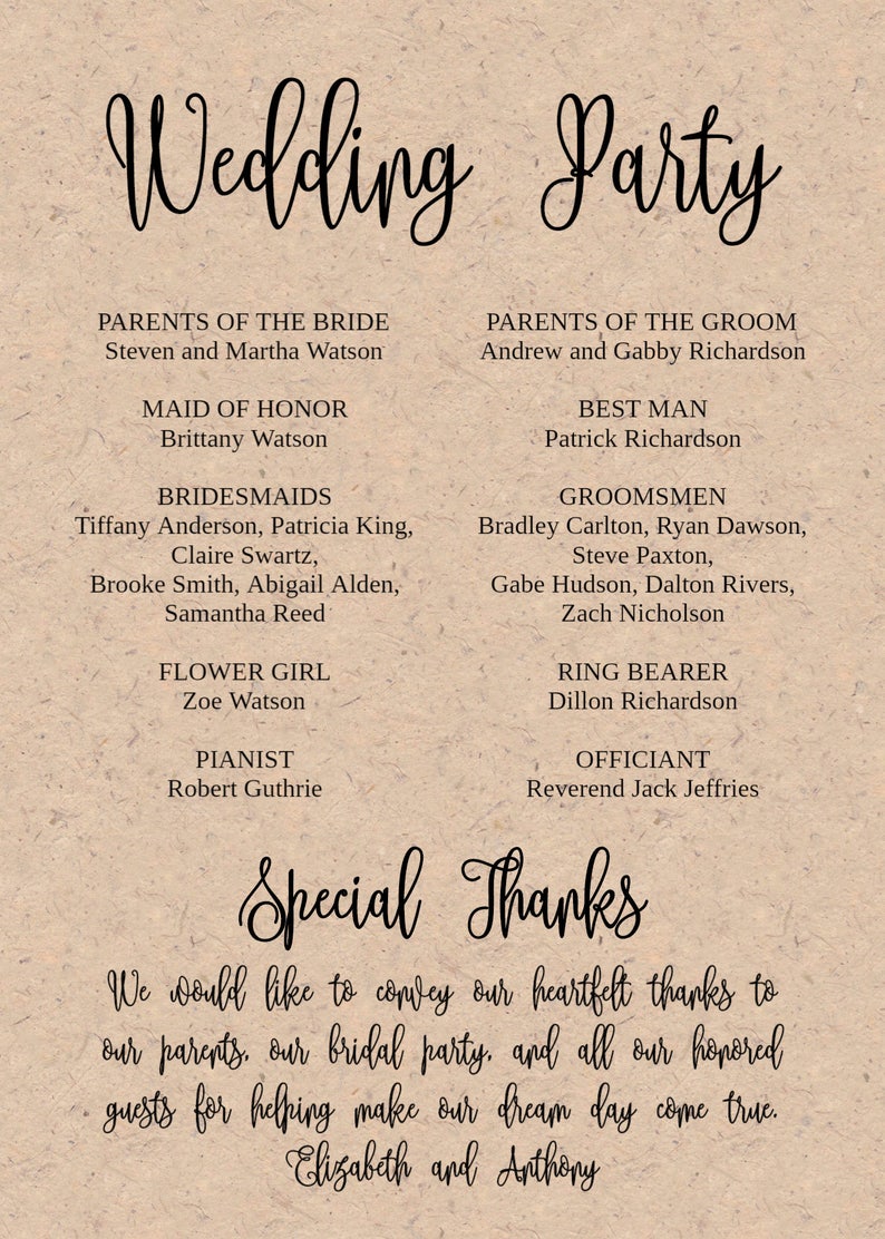 Wedding Program Template Printable / Editable 5x7 Calligraphy Script DIY Print on Kraft Paper or Light Card Stock / Rustic Wedding image 4