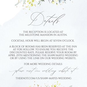 May include: A wedding invitation with a watercolor background featuring a floral design in shades of blue and green. The text reads "Details" and includes information about the reception location, time, and hotel accommodations. The website address for the wedding is "theknot.com/us/shaw-mayes-wedding".