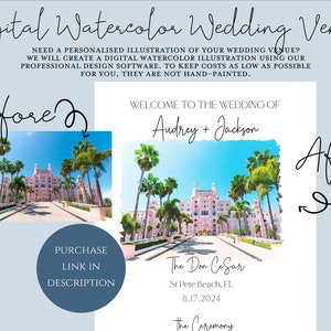Benutzerdefinierte personalisierte Aquarell Hochzeit Veranstaltungsort digitale Illustration für Infografik Hochzeitsprogramm, Begleiter Auflistung für Infografik Programm