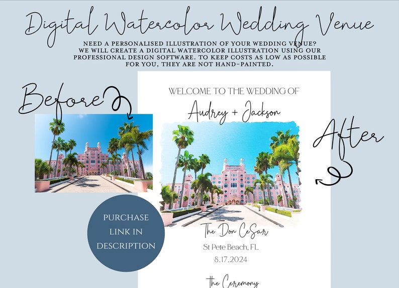 Peut inclure: Une illustration num&eacute;rique &agrave; l'aquarelle d'un lieu de mariage, le Don Cesar, &agrave; St. Pete Beach, en Floride. L'illustration est une comparaison avant-apr&egrave;s, montrant la photo originale &agrave; gauche et l'illustration &agrave; l'aquarelle &agrave; droite. Le texte "Bienvenue au mariage d'Audrey + Jackson" est en haut de l'illustration.