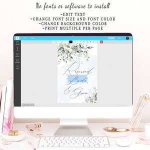 May include: A computer screen displaying a wedding sign template with a watercolor background and the text "Reserved Bride & Groom". The template can be edited to change the font size, font color, background color, and text.