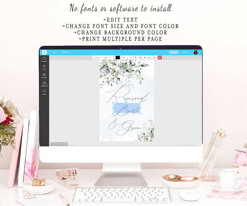 May include: A computer screen displaying a wedding sign template with a watercolor background and the text "Reserved Bride & Groom". The template can be edited to change the font size, font color, background color, and text.
