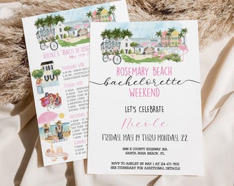 May include: A white rectangular invitation card featuring a watercolor illustration of a beach town with palm trees, a bicycle, and a flamingo. The text reads Rosemary Beach Bachelorette Weekend, Let's Celebrate Nicole, Friday May 19 thru Monday 22.