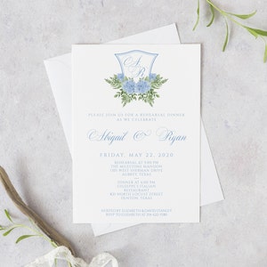 Blue Hydrangea Wedding Rehearsal Dinner Invitation Template, Crest Monogram Rehearsal Dinner Invitation Printable, Greenery Rehearsal Dinner