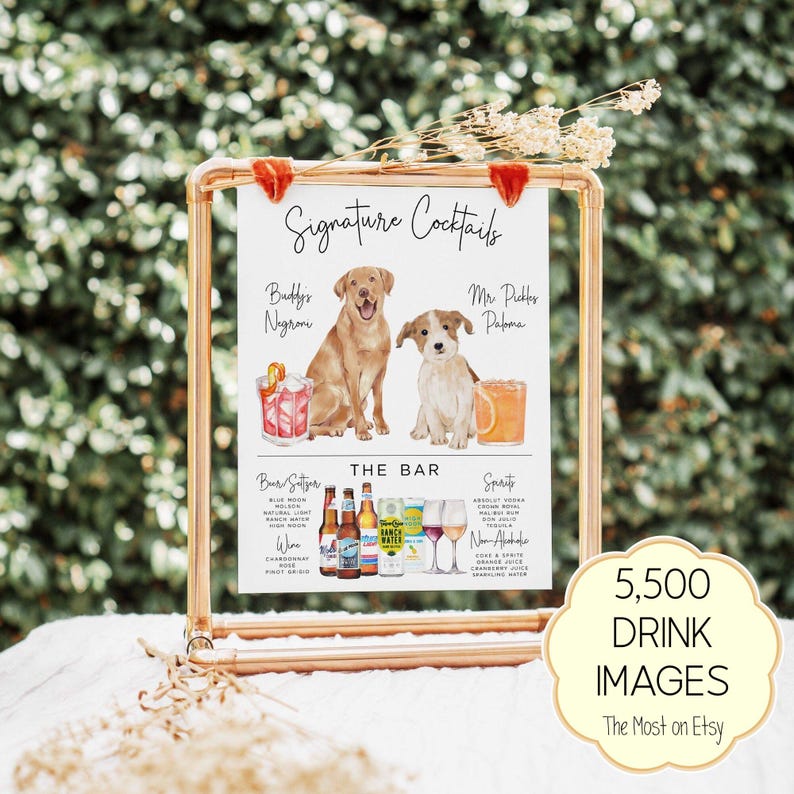 Custom Pet Signature Drink Sign: Wedding Cocktail Bar Menu (Digital Download) image 1