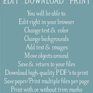 K&ouml;nnte beinhalten: Eine blaue und wei&szlig;e Grafik mit dem Text "Magnolia Papers" oben. Der Text "EDIT. DOWNLOAD. PRINT" befindet sich unter dem Titel. Die Grafik listet die Funktionen eines digitalen Produkts auf, darunter die M&ouml;glichkeit, Text und Farbe zu bearbeiten, Hintergr&uuml;nde zu &auml;ndern, Text und Bilder hinzuzuf&uuml;gen, Objekte zu verschieben, zu speichern und zu den Dateien zur&uuml;ckzukehren, hochwertige PDFs zum Drucken herunterzuladen, Papier zu sparen, mehrere Dateien pro Seite zu drucken, mit oder ohne Beschnittmarken zu drucken und eine Demo vor dem Kauf. Die Grafik gibt auch an, dass keine Schriftarten heruntergeladen und keine Software installiert werden muss.