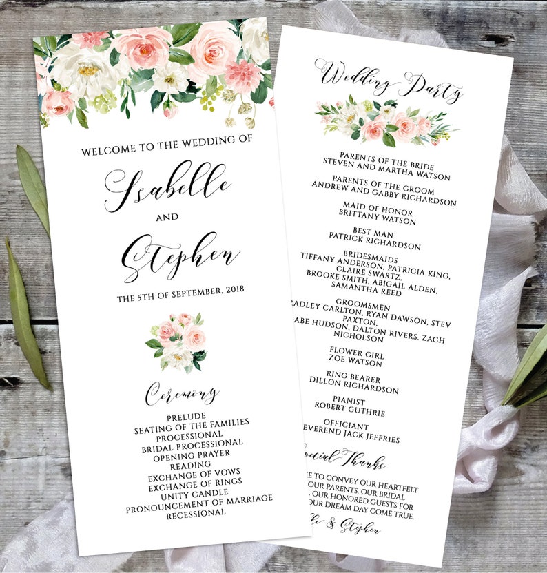 May include: Wedding ceremony program with floral design. The program lists the order of events for the ceremony and the wedding party. The names Isabelle and Stephen are featured on the program.