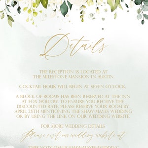 May include: A wedding invitation with a watercolor floral design in shades of green and white. The text reads "Details" and includes information about the reception location, time, and hotel room block. The website address is "theknot.com/us/shaw-mayes-wedding".