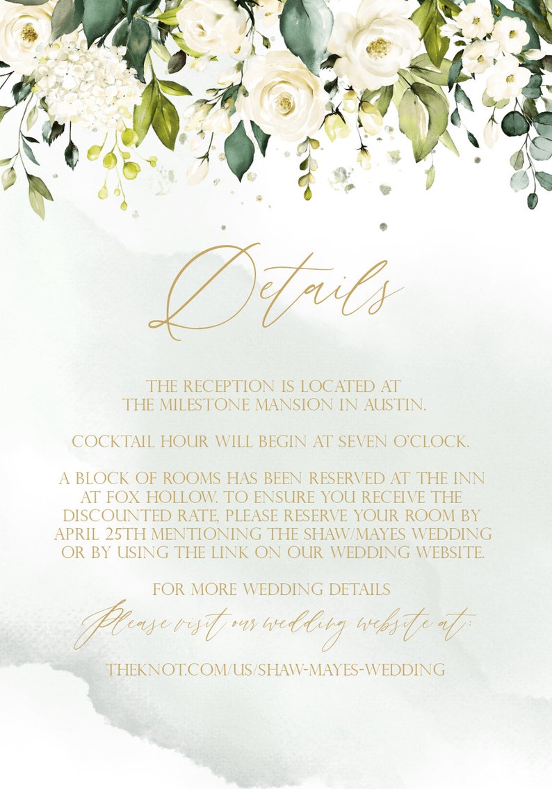 May include: A wedding invitation with a watercolor floral design in shades of green and white. The text reads "Details" and includes information about the reception location, time, and hotel room block. The website address is "theknot.com/us/shaw-mayes-wedding".