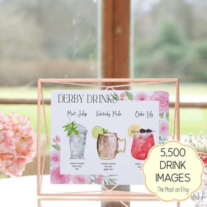 Kentucky Derby Drink Sign Template, Editable Derby Day Party Drink Menu, Mint Julep, Kentucky Mule, Oaks Lily Cocktails Sign, Pink Roses