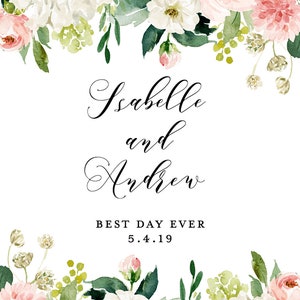 May include: Wedding invitation with a floral border of pink and white flowers. The text reads "Isabelle and Andrew Best Day Ever 5.4.19"