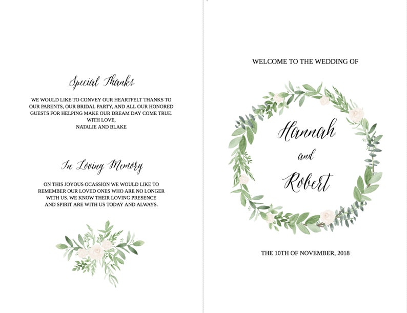 K&ouml;nnte beinhalten: Hochzeits-Programm mit einem gr&uuml;nen und wei&szlig;en Blumenkranz auf dem vorderen Umschlag. Der Text lautet "Willkommen zur Hochzeit von Hannah und Robert" und "Der 10. November 2018". Der hintere Umschlag enth&auml;lt einen Abschnitt f&uuml;r "Besonderer Dank" und "In liebevoller Erinnerung".