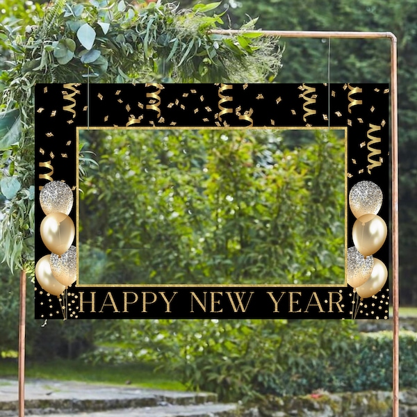 New Year's Eve Photo Prop Frame Template, Black and Gold Photo Booth Frame Template, New Year's Party Decor, Horizontal Frame Backdrop