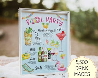 Modello di menu per feste in piscina: bevande estive tropicali (download digitale)