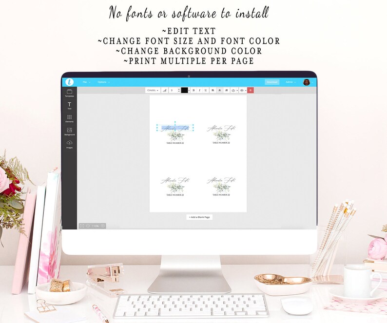 May include: A computer screen displaying a digital design template for table number cards. The template features a light blue background with a watercolor floral design and the text "Table Number 1". The text "No fonts or software to install" is displayed at the top of the screen.