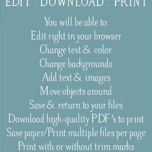Puede incluir: Un gr&aacute;fico azul y blanco con el texto "Magnolia Papers" en la parte superior. El texto "EDIT. DOWNLOAD. PRINT" est&aacute; debajo del t&iacute;tulo. El gr&aacute;fico enumera las caracter&iacute;sticas de un producto digital, incluida la posibilidad de editar texto y color, cambiar fondos, agregar texto e im&aacute;genes, mover objetos, guardar y volver a los archivos, descargar archivos PDF de alta calidad para imprimir, ahorrar papel, imprimir varios archivos por p&aacute;gina, imprimir con o sin marcas de recorte, y una demostraci&oacute;n antes de comprar. El gr&aacute;fico tambi&eacute;n indica que no hay fuentes para descargar y ning&uacute;n software para instalar.