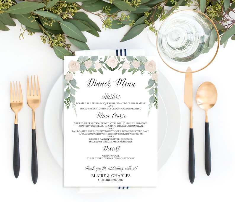 5x7 Greenery Wedding Menu PRINTED Wedding Menu Green and Cream Menu Botanical Wedding Menu Rustic Menu Floral Wedding Menu