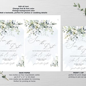 May include: Two save the date cards with a watercolor floral design in shades of blue and green. The text reads "Save the Date" for the wedding celebration of "Ann & Austin" on Saturday, May 9, 2009 in Austin, Texas.