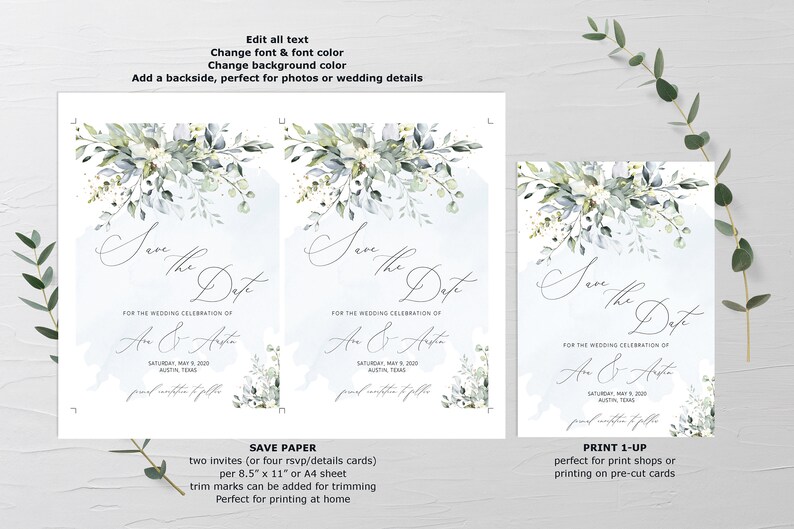 May include: Two save the date cards with a watercolor floral design in shades of blue and green. The text reads "Save the Date" for the wedding celebration of "Ann & Austin" on Saturday, May 9, 2009 in Austin, Texas.