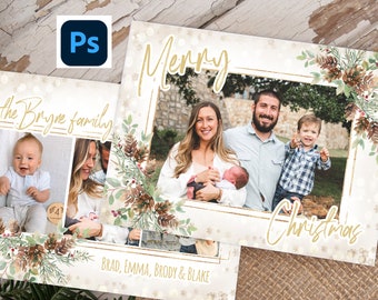 May include: A Christmas card template with a gold frame and a watercolor pine bough design. The card features a family photo with the text "Merry Christmas" and "the Bryne family" in gold script.