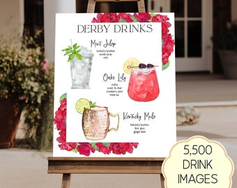 May include: A white sign titled DERBY DRINKS featuring watercolor illustrations of a Mint Julep, Oaks Lily, and Kentucky Mule with ingredient lists, framed by red roses. A badge in the corner reads 5,500 DRINK IMAGES The Most on Etsy.