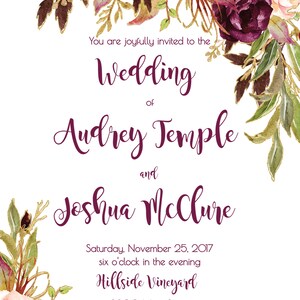 Wedding Invitation Template Printable / Editable / Marsala - DIY Floral Watercolor Wedding ...