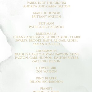 May include: A wedding party announcement with a floral design at the top. The text includes the names of the bride and groom's parents, the maid of honor, best man, bridesmaids, groomsmen, flower girl, ring bearer, pianist, officiant, and a special thanks message from the couple.