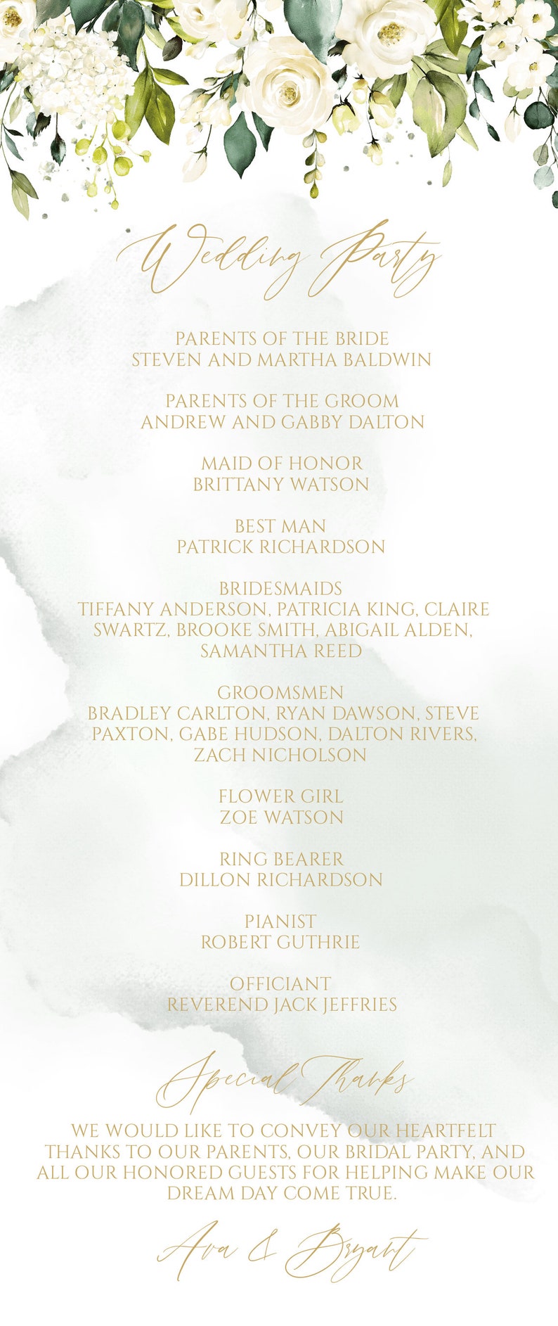 May include: A wedding party announcement with a floral design at the top. The text includes the names of the bride and groom's parents, the maid of honor, best man, bridesmaids, groomsmen, flower girl, ring bearer, pianist, officiant, and a special thanks message from the couple.
