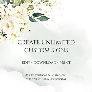 K&ouml;nnte beinhalten: Erstellen Sie unbegrenzt viele benutzerdefinierte Schilder mit diesem digitalen Download. Das Design zeigt wei&szlig;e Blumen und gr&uuml;ne Bl&auml;tter auf einem hellgr&uuml;nen Hintergrund. Der Text lautet "Create Unlimited Custom Signs" und "Edit Download Print". Die verf&uuml;gbaren Gr&ouml;&szlig;en sind 8" x 10" und 5" x 7" in vertikaler und horizontaler Ausrichtung.