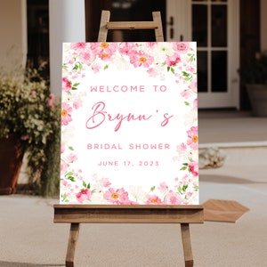 Bright Pink Bridal Shower Welcome Sign Template, Hen Party, Baby Shower Sign, Editable Bridal Brunch, Hot Pink Floral Shower Decor, Brynn