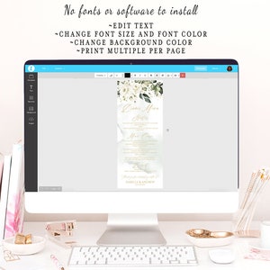 K&ouml;nnte beinhalten: Ein Computerbildschirm zeigt eine Hochzeitsinvitationsvorlage mit einem floralen Design. Der Text auf der Einladung lautet "Dinner Menu" und "Harriette & Andrew". Der Bildschirm zeigt Optionen zum Bearbeiten des Textes, der Schriftgr&ouml;&szlig;e, der Schriftfarbe, der Hintergrundfarbe und zum Drucken mehrerer Seiten.