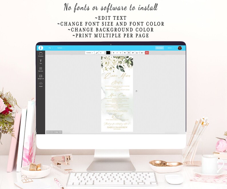 K&ouml;nnte beinhalten: Ein Computerbildschirm zeigt eine Hochzeitsinvitationsvorlage mit einem floralen Design. Der Text auf der Einladung lautet "Dinner Menu" und "Harriette & Andrew". Der Bildschirm zeigt Optionen zum Bearbeiten des Textes, der Schriftgr&ouml;&szlig;e, der Schriftfarbe, der Hintergrundfarbe und zum Drucken mehrerer Seiten.