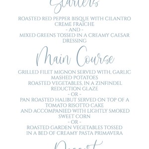 Może przedstawiać: Menu weselne z akwarelową ramką kwiatową. Menu zawiera opcje przystawek, dania gł&oacute;wnego i deseru. Tekst brzmi: "Dinner Menu", "Starters", "Main Course", "Dessert", "Wedding Cake", "Thank you for celebrating with us!", "Isabelle & Andrew" oraz "July 20, 2019".