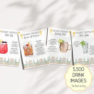 Kentucky Derby Party Cocktail Recipe Cards, Editable Derby Day Party Drink Signs, Mint Julep, Kentucky Mule, Oaks Lily, Old Fashioned, DIY