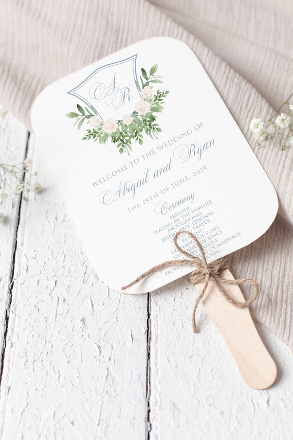 Wedding Program Fan Template Dusty Blue And Greenery Monogram