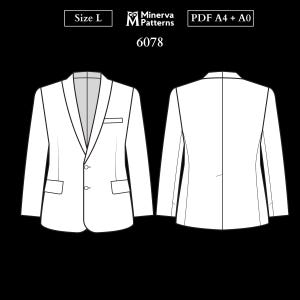 メンズ裁縫パターン 6078 | タキシードディナースーツジャケット（ショールカラー、胸元ウェルトポケット、フラップポケット付き） | Lサイズ PDF A4 & A0