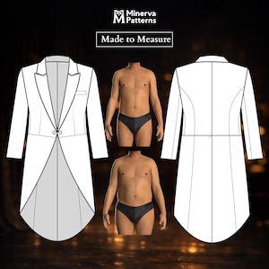 Può includere: Modello di giacca da smoking bianca con chiusura a un bottone, revers a lancia e tasca. L'immagine include anche una vista anteriore e posteriore della giacca, insieme al testo "Made to Measure" e al logo Minerva Patterns.